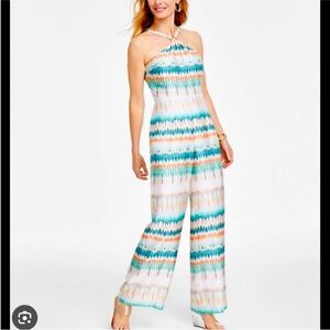 Vibrant Blue and Orange Strapless Jumpsuit with Wide-Leg Design Size 8
